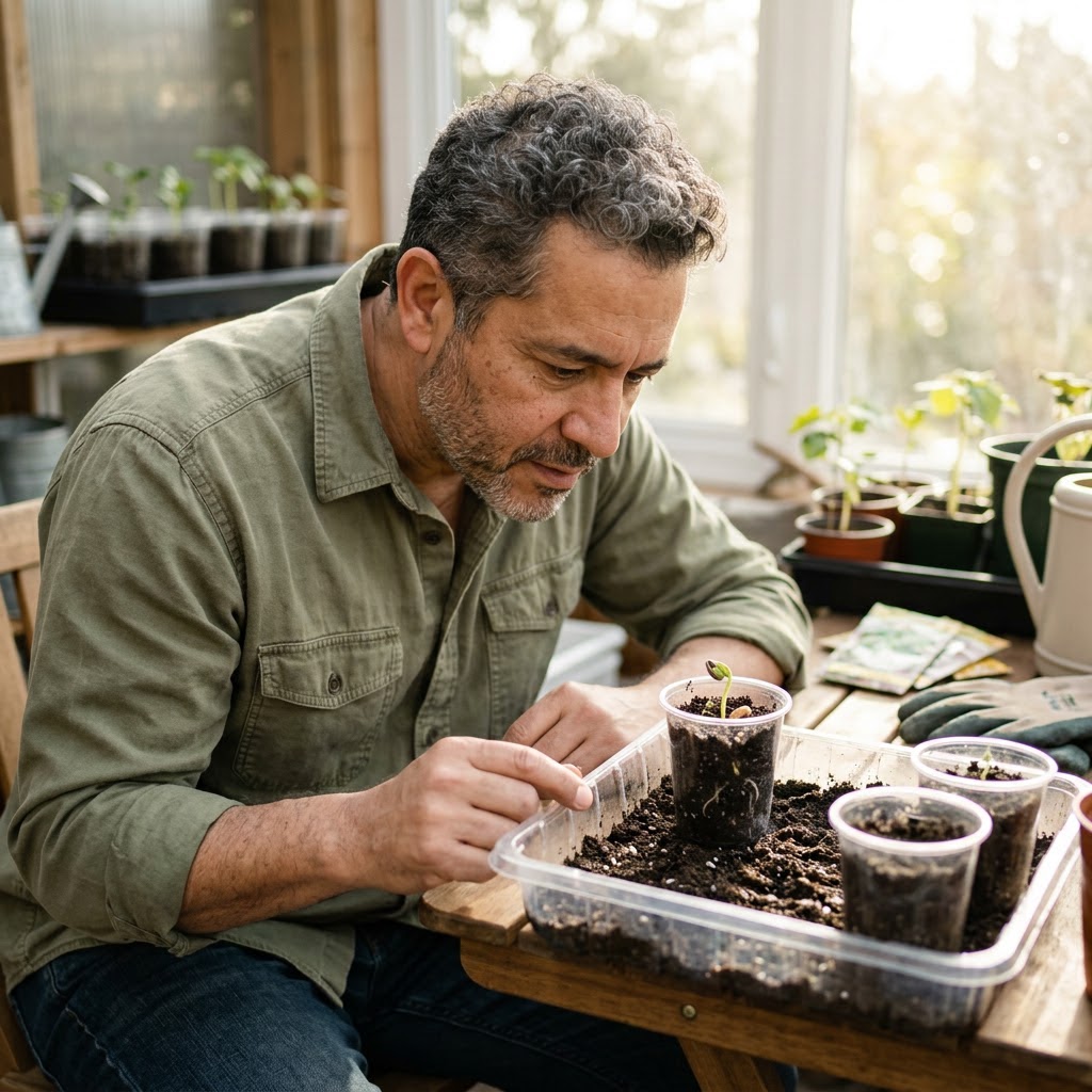 Man looking closely at young seedlings in soil-filled plastic cups inside a greenhouse