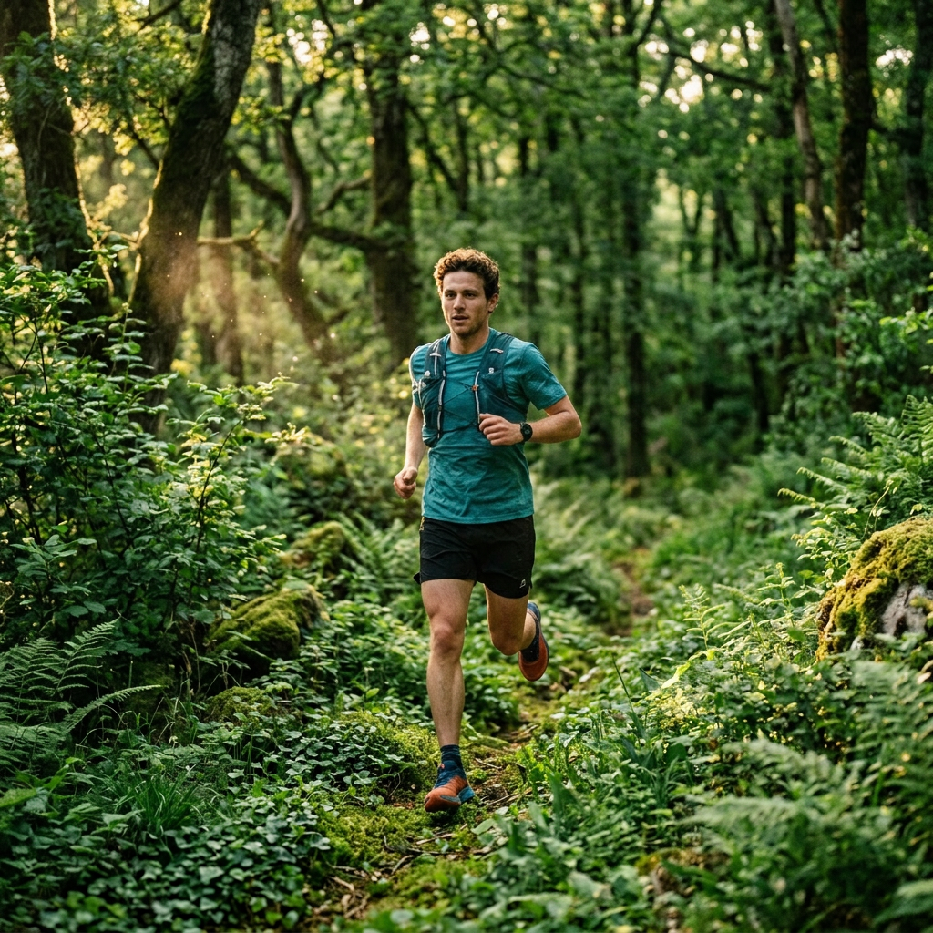 Man running on forest trail with glowing creative inspiration symbols around him