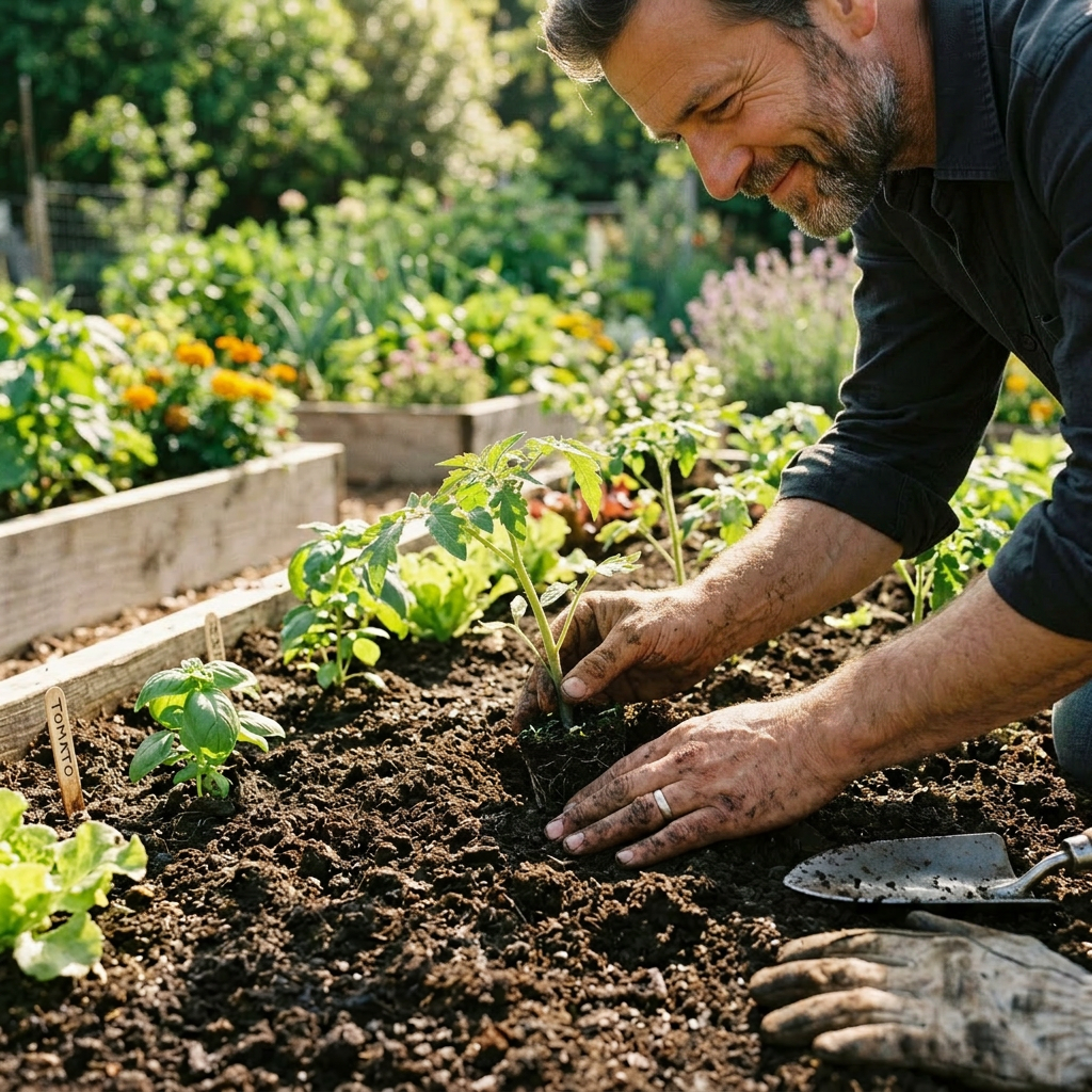 Add grateful man face while planting seedlings