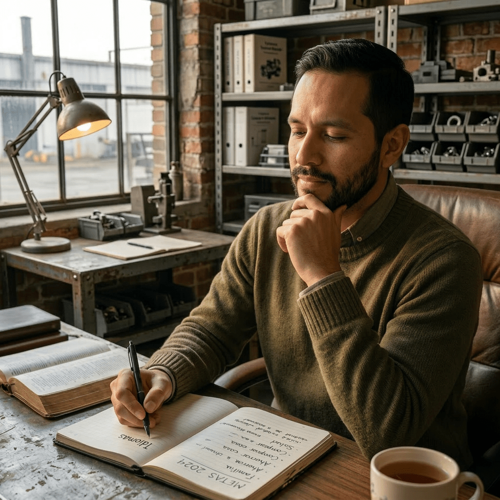 Man with closed eyes praying at desk with open notebook, Bible, and coffee