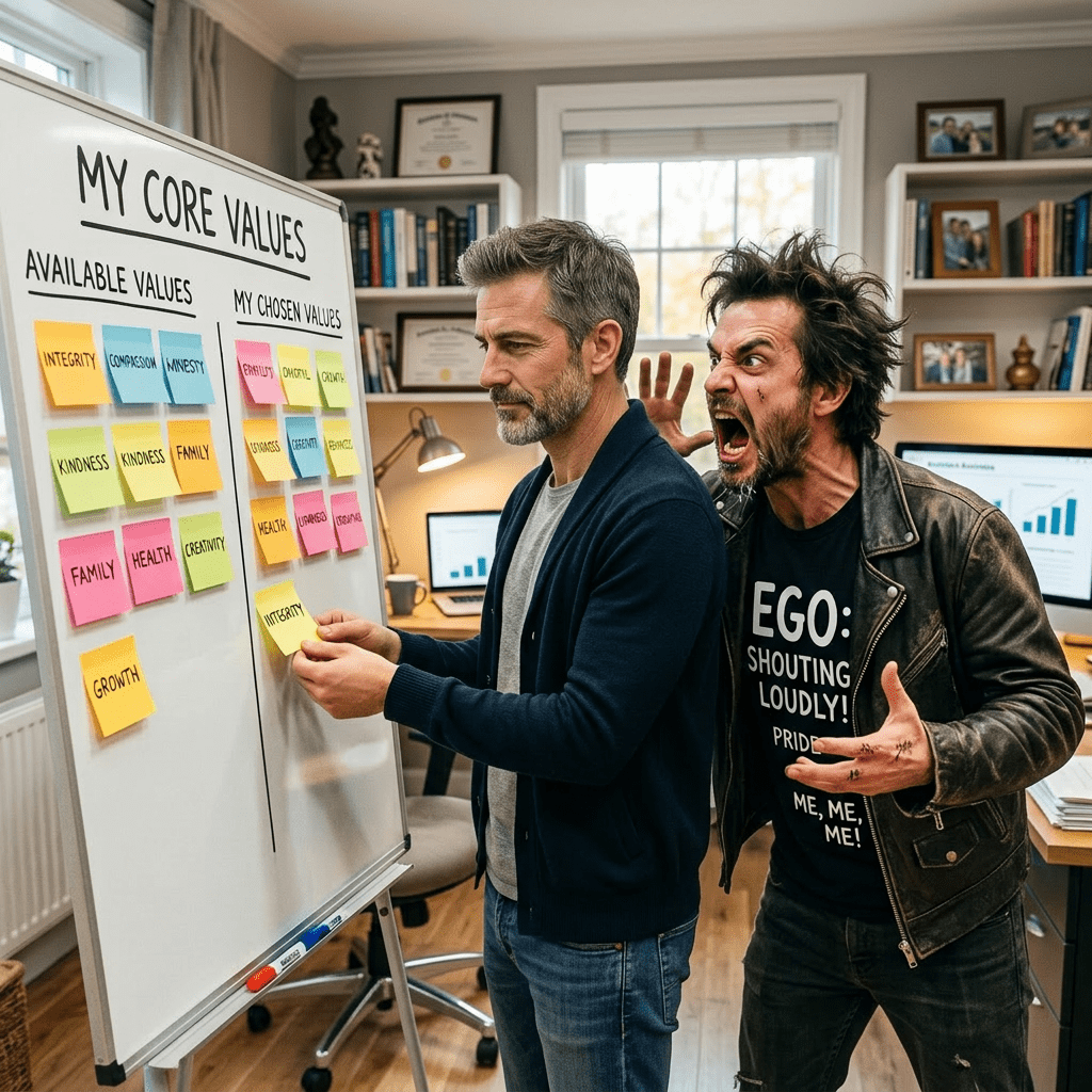 Man placing sticky note on whiteboard with another man shouting beside him