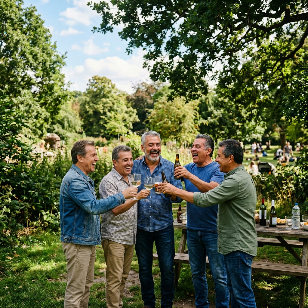 Five friends raising drinks together at a sunny park picnic