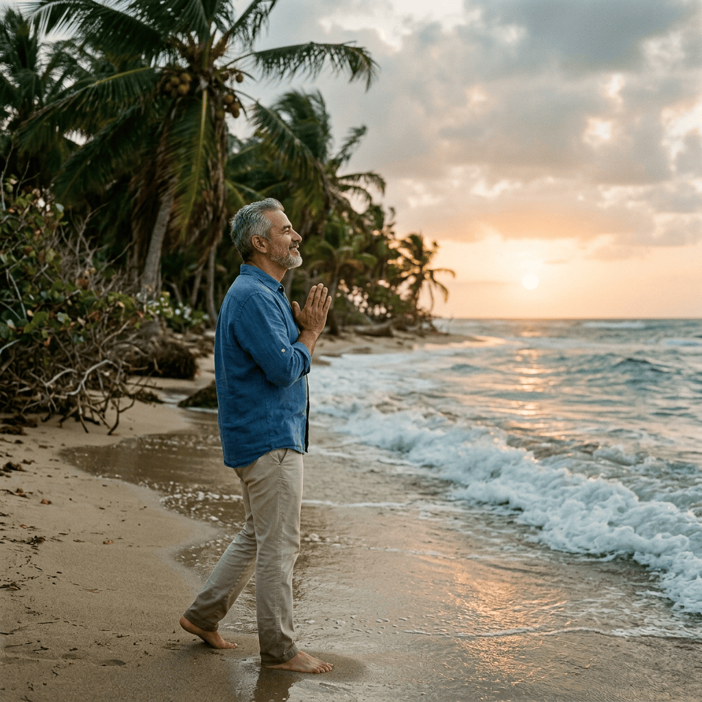 Hombre de 56 años agradeciendo frente al mar
