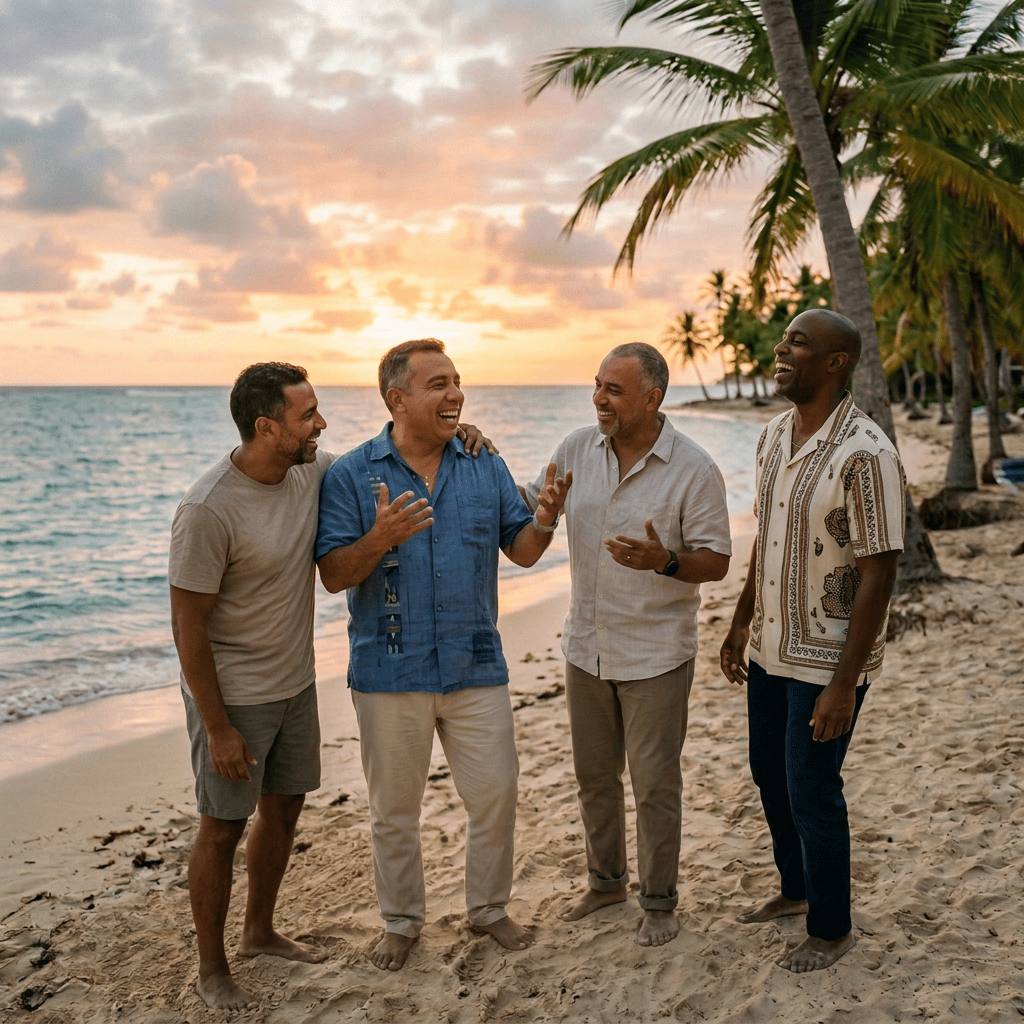 Cinco hombres celebrando juntos frente al mar